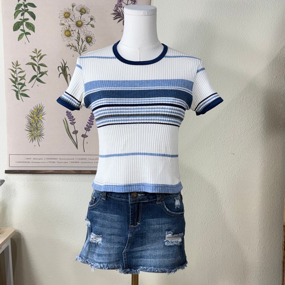 Vintage 90s Y2k Ribbed Knit Striped Crop Top Grunge Coastal Granddaughter S